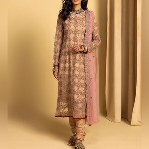 (New) Embroidered Pink Long Sleeve Ethnic Dress with Dupatta